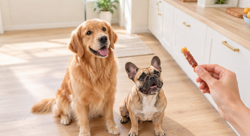 Dog waiting for a treat in a bright home kitchen - MON2SUN