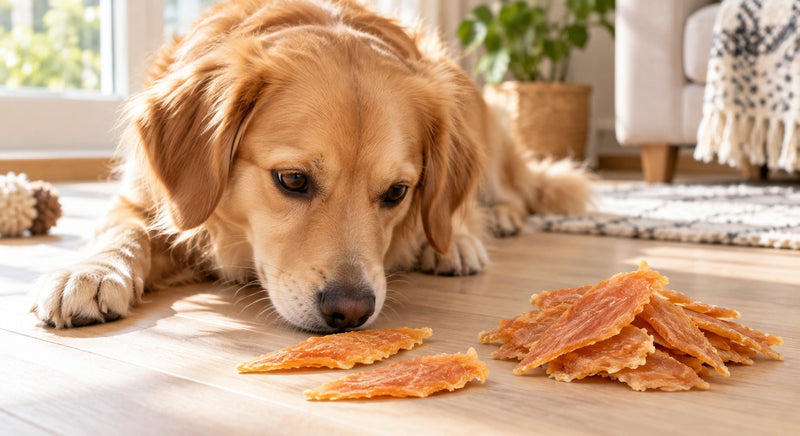 Dog beside a few triangular chicken jerky pieces in warm window light - MON2SUN