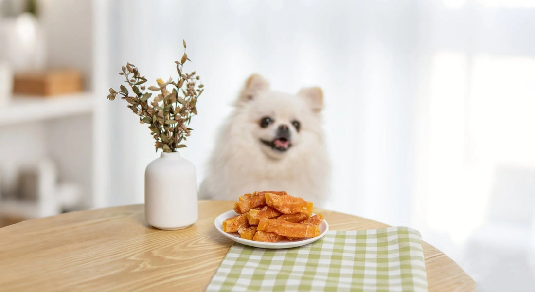 Homemade sweet potato dog treats on a cooling rack - MON2SUN