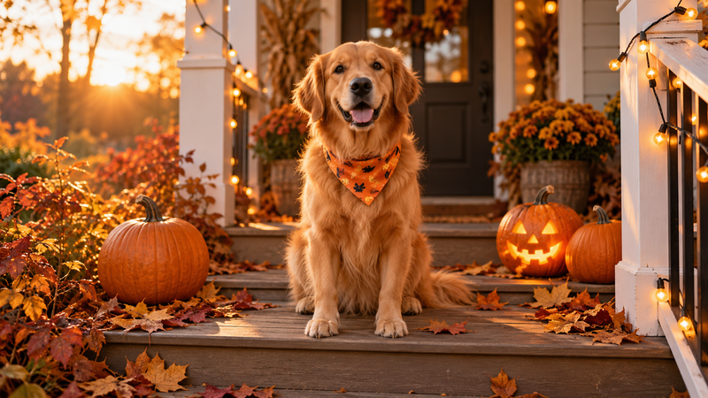 Friendly golden retriever in an orange bandana sitting on Halloween-decorated front steps with pumpkins and a jack-o-lantern - MON2SUN