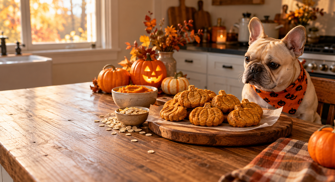 Homemade Halloween dog treats on an autumn kitchen counter with a French Bulldog - MON2SUN