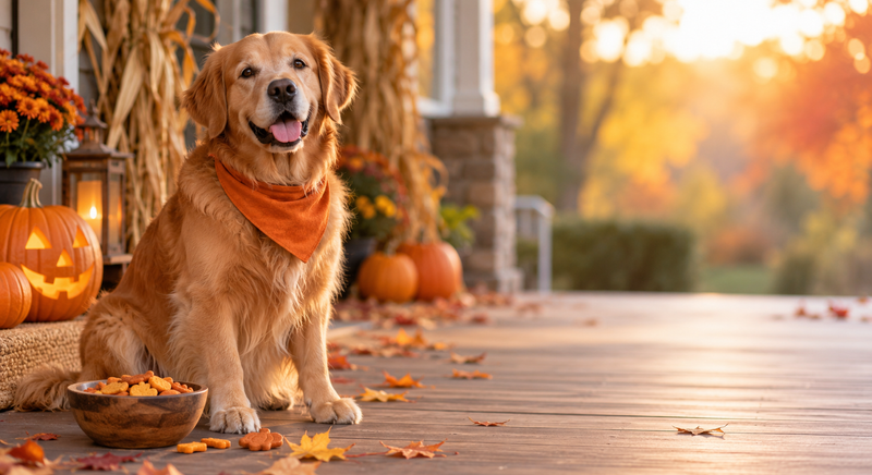 Golden retriever in an orange bandana on a Halloween porch beside a bowl of pumpkin dog treats - MON2SUN