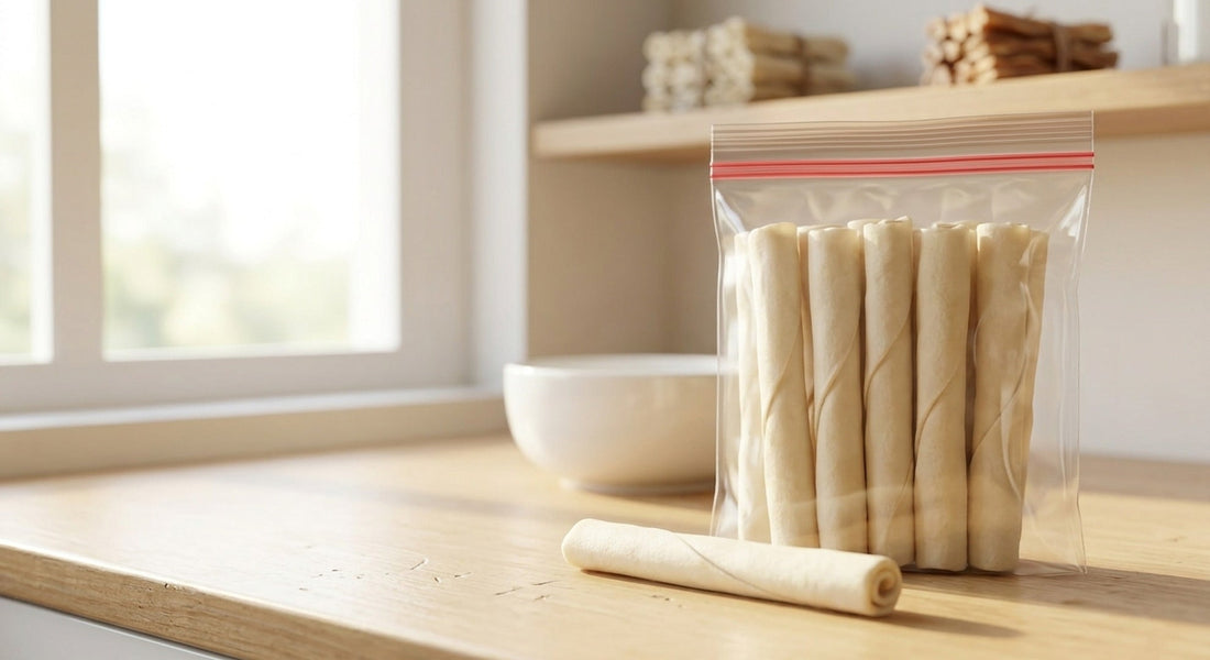 Sealed treat bag of natural rawhide roll twist sticks kept dry in a kitchen cabinet - MON2SUN