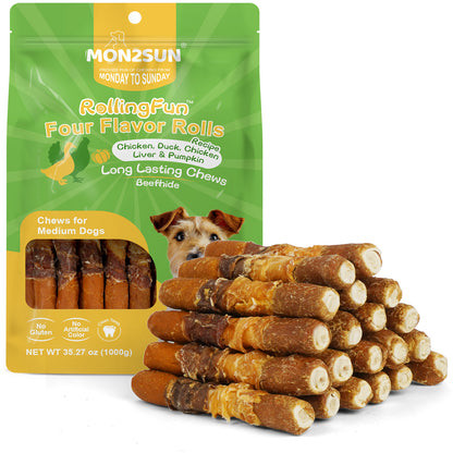 MON2SUN Dog Treats, 6 Inch Four Flavor Wrapped Rawhide Rolls