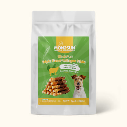 MON2SUN Dog Treats, 5 Inch Triple Flavor Collagen Sticks with Beef