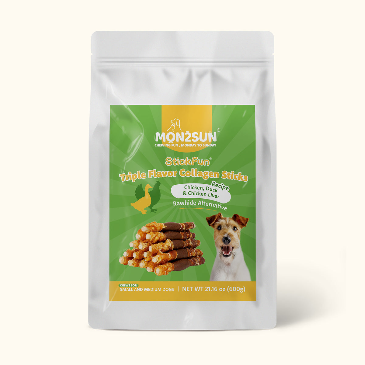 MON2SUN Dog Treats, 5 Inch Triple Flavor Collagen Sticks with Duck