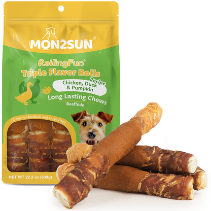 MON2SUN Dog Treats, 9 Inch Triple-Wrap Rawhide Rolls with Pumpkin