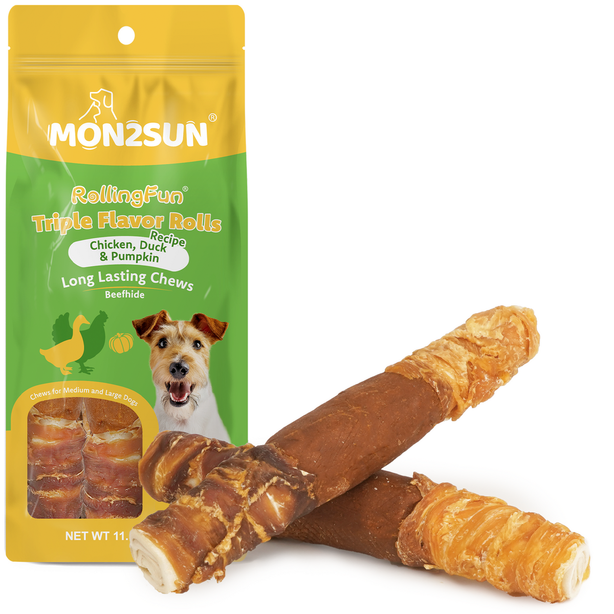 MON2SUN Dog Treats, 9 Inch Triple-Wrap Rawhide Rolls with Pumpkin