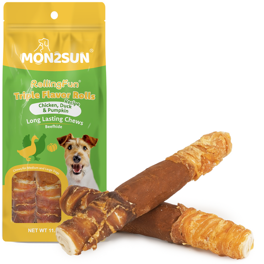 MON2SUN Dog Treats, 9 Inch Triple-Wrap Rawhide Rolls with Pumpkin