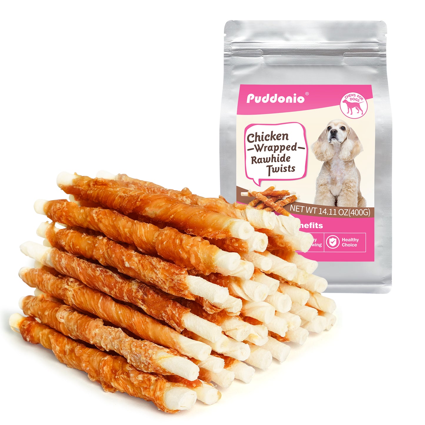 Puddonio Chicken Jerky with Rawhide Sticks Dog Treats, 16 oz (40 ct)