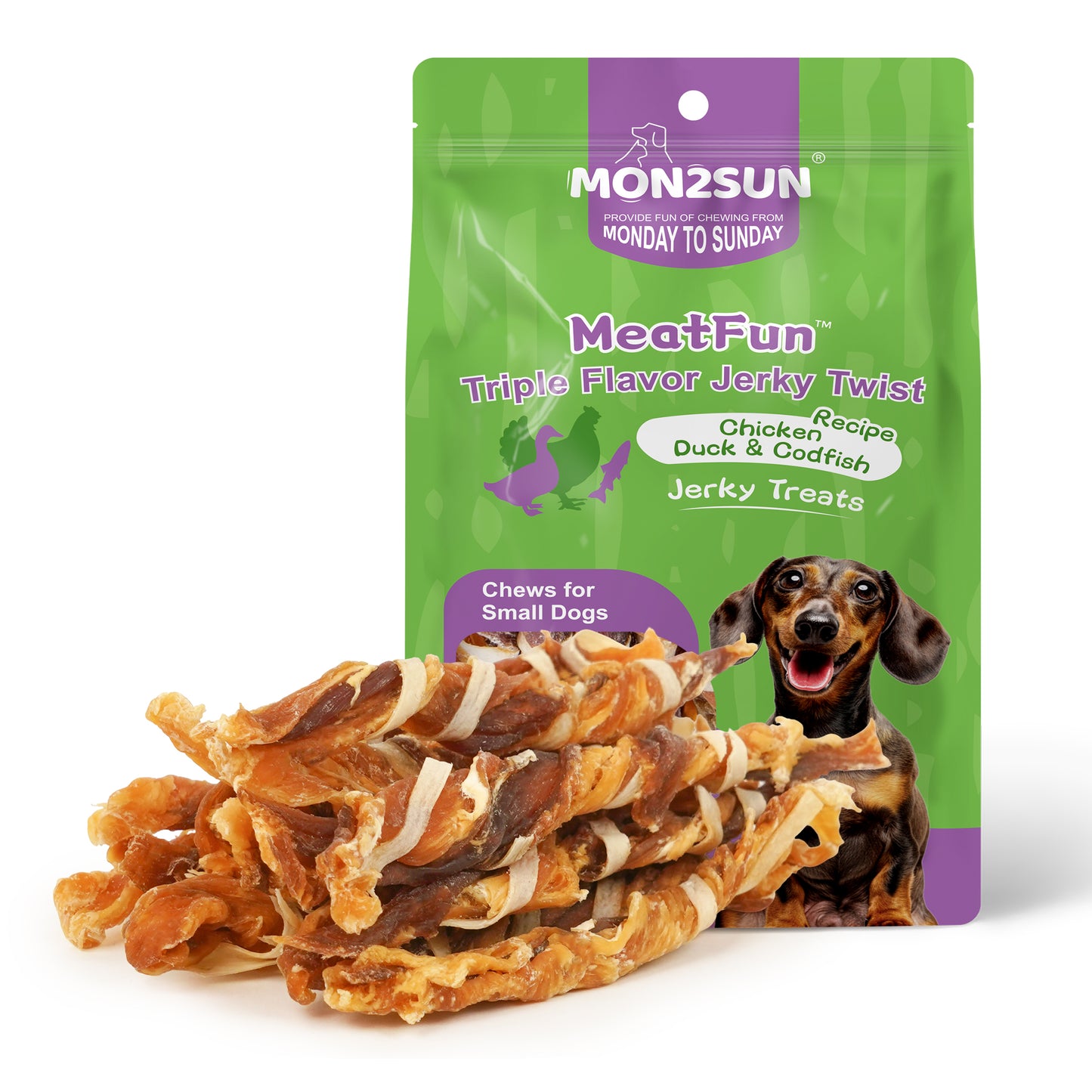 Dog Treats, Triple Flavor Jerky Twist Sticks, 5-7 Inch Chicken Duck and Codfish Sticks Chews for Small Dogs, Healthy Snacks