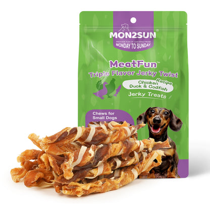 Triple Flavor Chicken Duck and Codfish Twist Sticks 5 to 7 Inch, Long Lasting High Protein Chews for Small Dogs