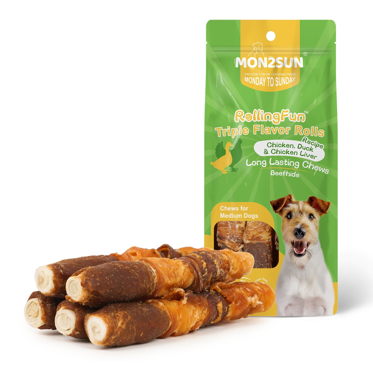 Dog Treats, Triple Flavor 6 Inch Chicken Liver Duck and Chicken Wrapped Rawhide Sticks, Teeth Cleaning Snacks for Medium Dogs
