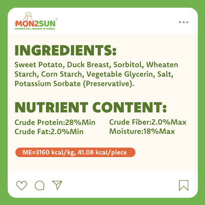 High Protein Rawhide Free Duck and Sweet Potato Soft Chew Dog Treats
