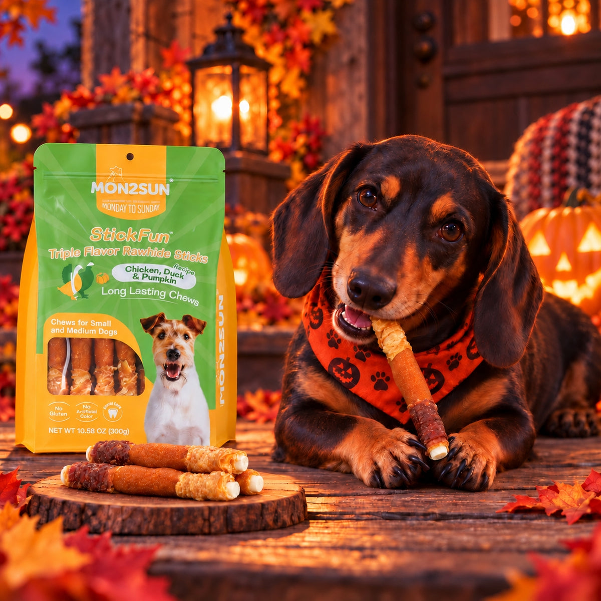 MON2SUN Dog Treats, 5 Inch Triple-Wrap Rawhide Sticks with Pumpkin
