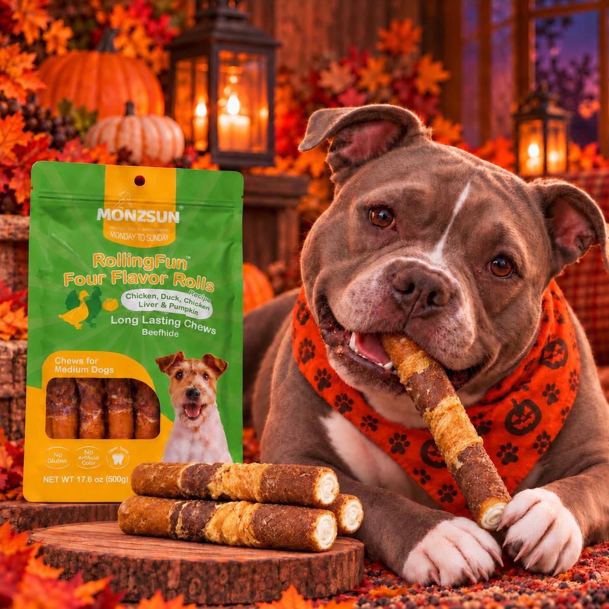 MON2SUN Dog Treats, 6 Inch Four Flavor Wrapped Rawhide Rolls