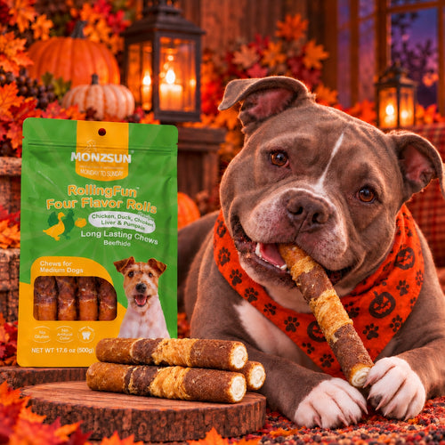 MON2SUN Dog Treats, 6 Inch Four Flavor Wrapped Rawhide Rolls