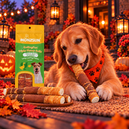 MON2SUN Dog Treats, 9 Inch Triple-Wrap Rawhide Rolls with Pumpkin