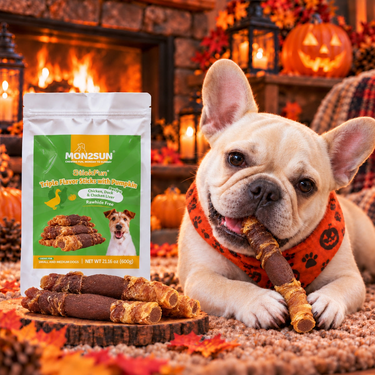 MON2SUN Dog Treats, 5 Inch Triple Flavor Pumpkin Starch Sticks
