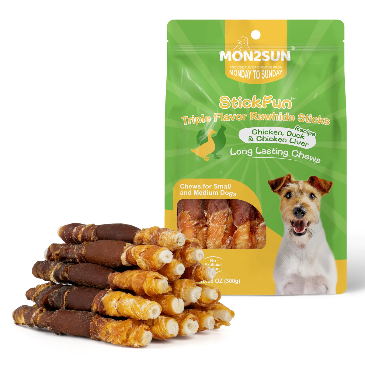 Dog Treats, Triple Flavor 5 Inch Chicken Liver Duck and Chicken Wrapped Rawhide Snacks for Small and Medium Dogs - MON2SUN