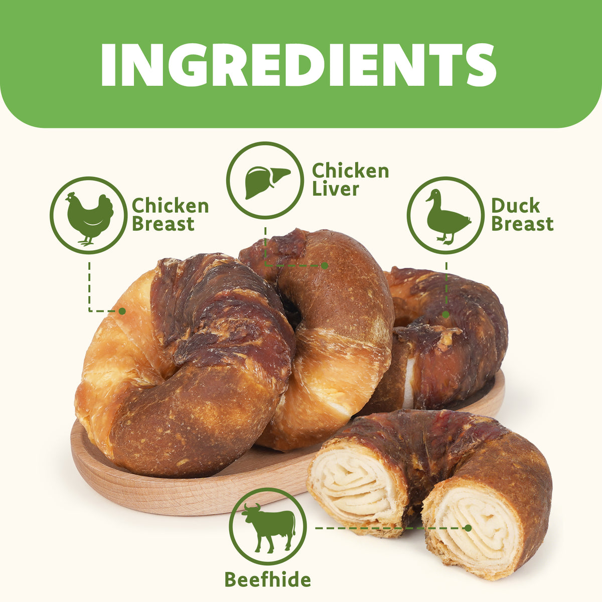 MON2SUN Dog Treats, 3-3.5 Inch Triple Flavor Wrapped Rawhide Donuts
