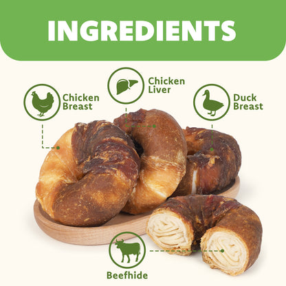 MON2SUN Dog Treats, 3-3.5 Inch Triple Flavor Wrapped Rawhide Donuts