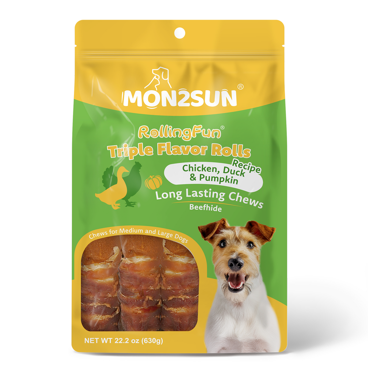 MON2SUN Dog Treats, 9 Inch Triple-Wrap Rawhide Rolls with Pumpkin