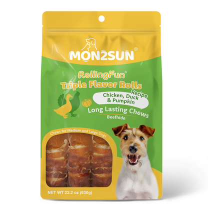 MON2SUN Dog Treats, 9 Inch Triple-Wrap Rawhide Rolls with Pumpkin