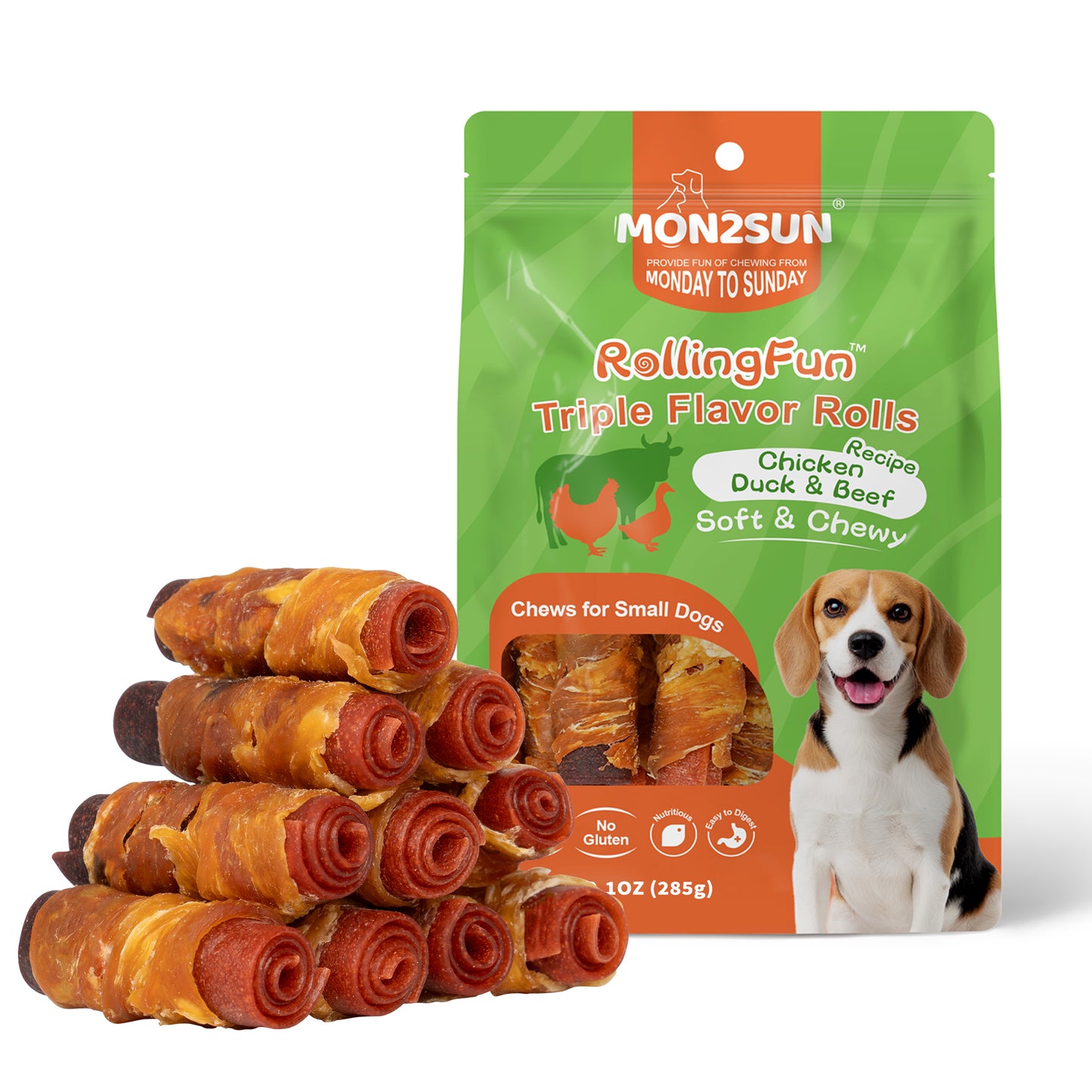 Rawhide Free Dog Treats, 3 Inch Triple Flavor Chicken Wrapped Duck and Beef Rolls for Small Dogs