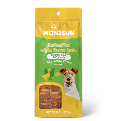 MON2SUN Dog Treats, 9 Inch Triple-Wrap Rawhide Rolls with Pumpkin