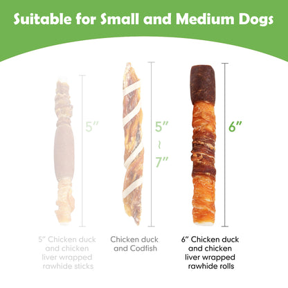 MON2SUN Chicken Liver, Duck & Chicken Wrapped Rawhide Medium Dog Treats, 8.8 oz (5 Count), 6 Inch