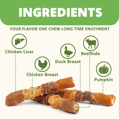 MON2SUN Dog Treats, 6 Inch Four Flavor Wrapped Rawhide Rolls