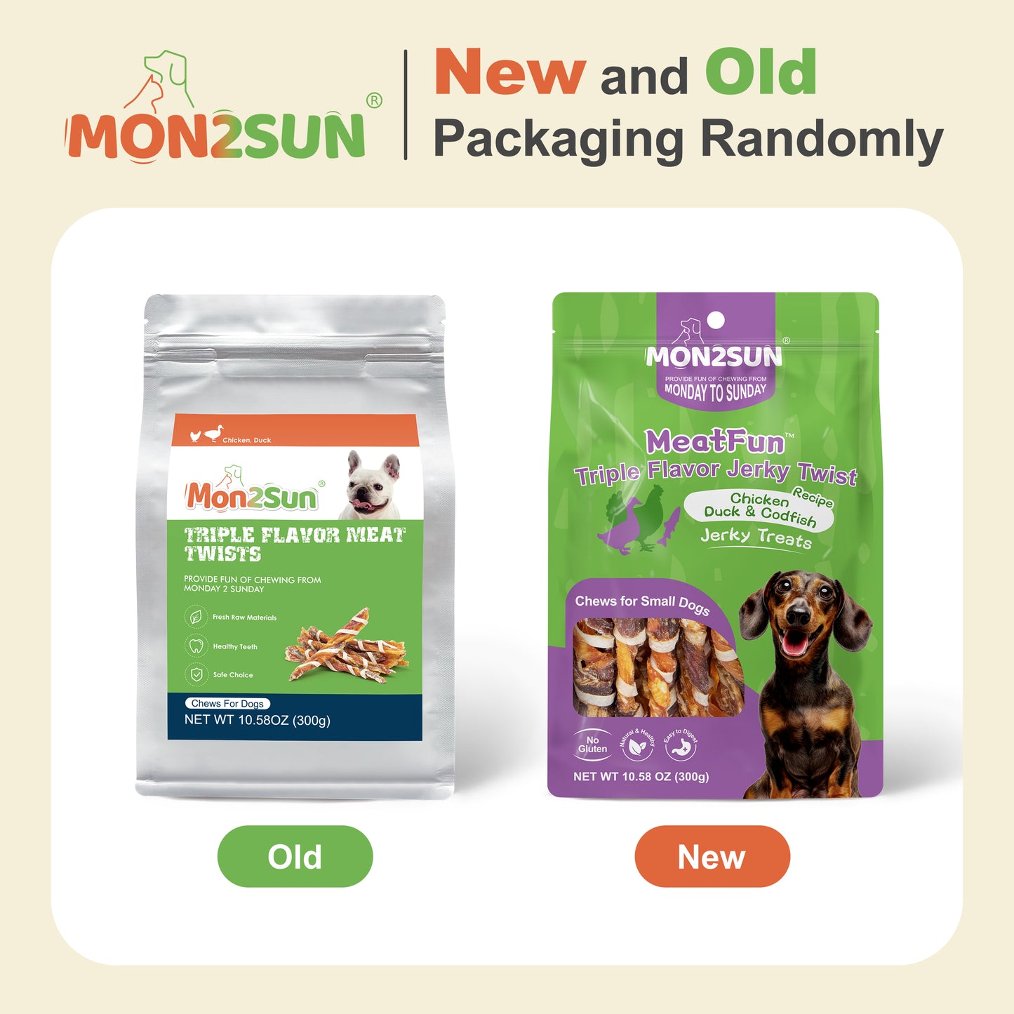 Dog Treats, Triple Flavor Jerky Twist Sticks, 5-7 Inch Chicken Duck and Codfish Sticks Chews for Small Dogs, Healthy Snacks - MON2SUN