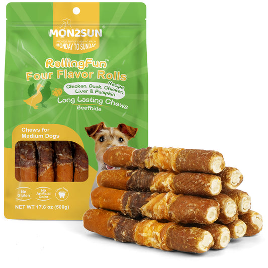 MON2SUN Dog Treats, 6 Inch Four Flavor Wrapped Rawhide Rolls