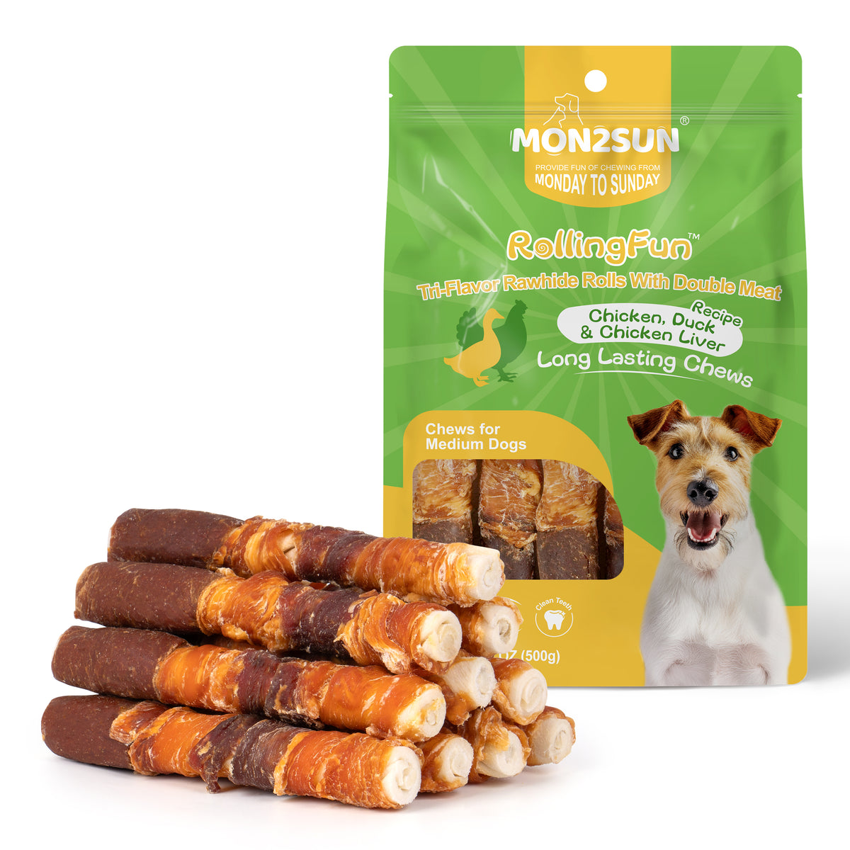 Dog Treats, Triple Flavor 6 Inch Chicken Liver Duck and Chicken Wrapped Rawhide Sticks, Teeth Cleaning Snacks for Medium Dogs - MON2SUN