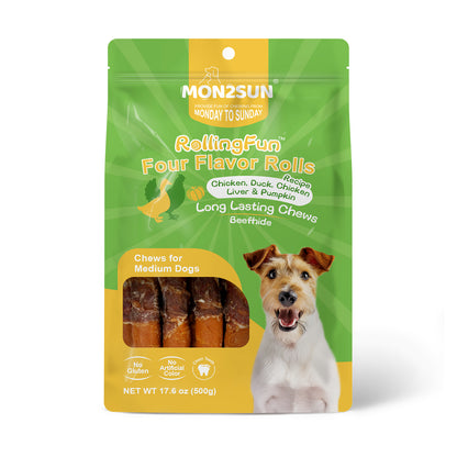MON2SUN Dog Treats, 6 Inch Four Flavor Wrapped Rawhide Rolls