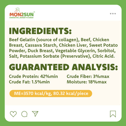 MON2SUN Dog Treats, 5 Inch Triple Flavor Collagen Sticks with Beef