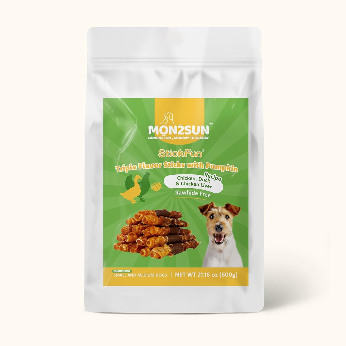 MON2SUN Dog Treats, 5 Inch Triple Flavor Pumpkin Starch Sticks