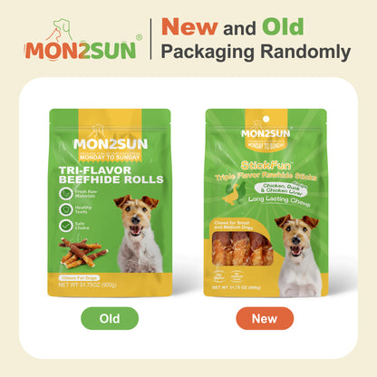 Dog Treats, Triple Flavor 5 Inch Chicken Liver Duck and Chicken Wrapped Rawhide Snacks for Small and Medium Dogs - MON2SUN