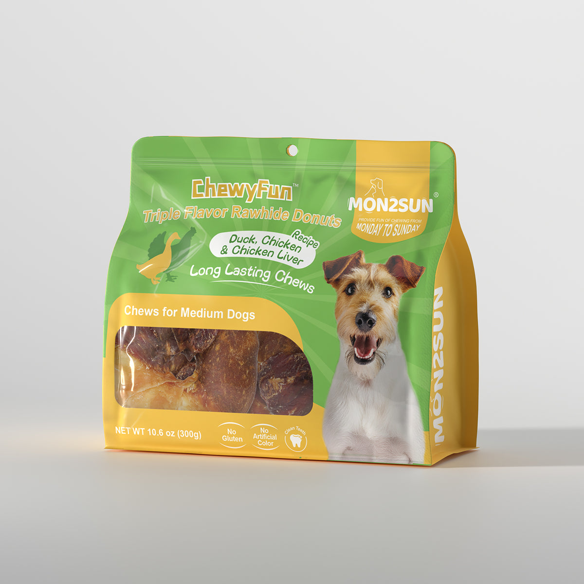 MON2SUN Dog Treats, 3-3.5 Inch Triple Flavor Wrapped Rawhide Donuts