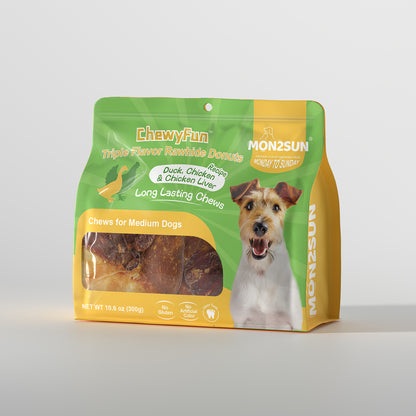 MON2SUN Dog Treats, 3-3.5 Inch Triple Flavor Wrapped Rawhide Donuts