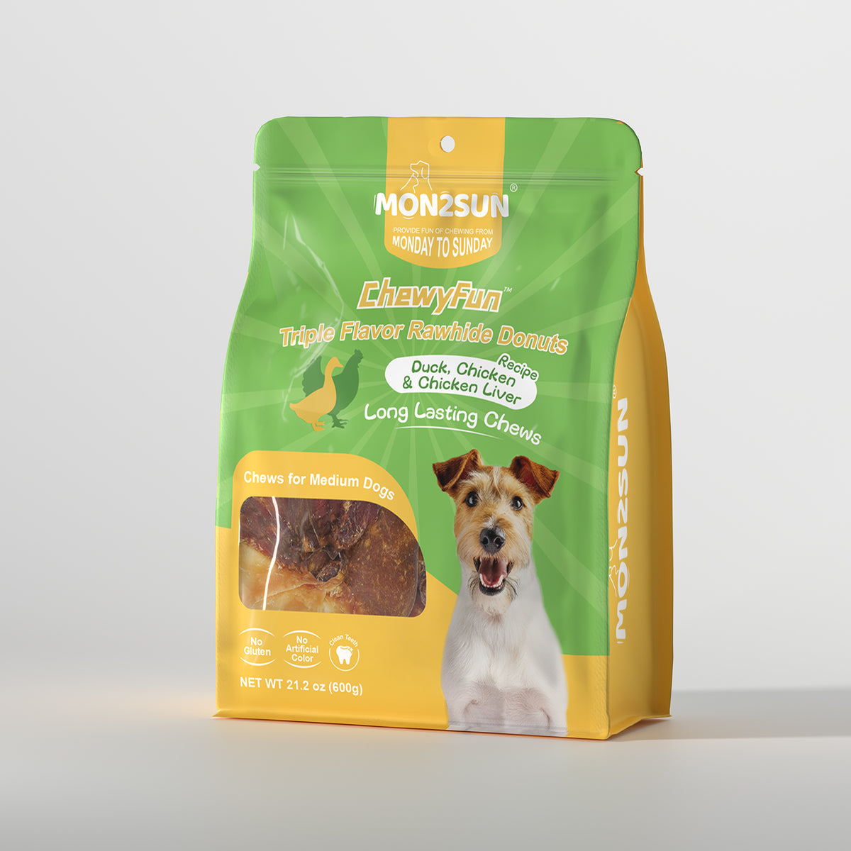 MON2SUN Dog Treats, 3-3.5 Inch Triple Flavor Wrapped Rawhide Donuts