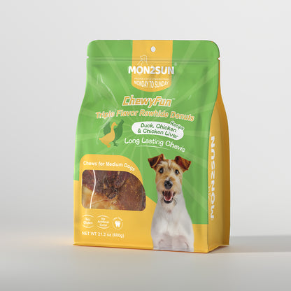 MON2SUN Dog Treats, 3-3.5 Inch Triple Flavor Wrapped Rawhide Donuts