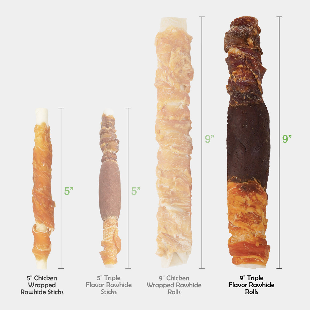 MON2SUN Dog Treats, 9 Inch Triple Flavor Wrapped Rawhide Rolls