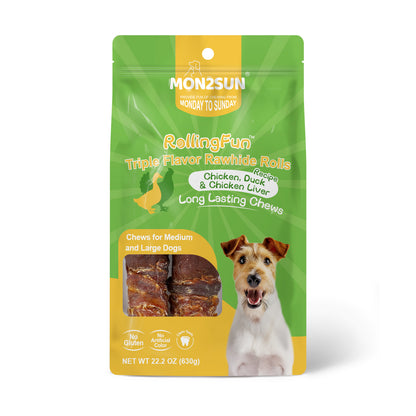 MON2SUN Dog Treats, 9 Inch Triple Flavor Wrapped Rawhide Rolls