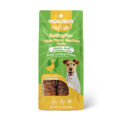 MON2SUN Dog Treats, 9 Inch Triple Flavor Wrapped Rawhide Rolls